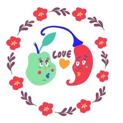 Bright vegetable love on Valentine's day pepper and Apple