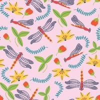 Summer pattern flowers and dragonfly vector