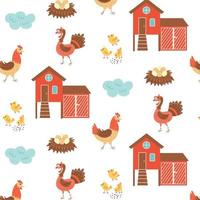 Seamless pattern chicken coop turkey farm birds