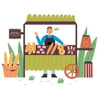 The farmer sells baked goods at Stall counters vector