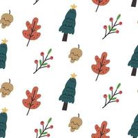 Seamless pattern Christmas tree leaves cone rowan vector