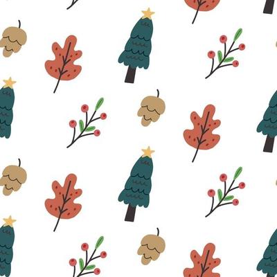 Seamless pattern Christmas tree leaves cone rowan