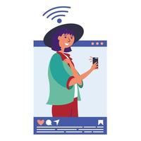 Girl in an influencer hat takes a selfie. Blogging in social networks. Blogger popular in social networks. Key opinion leader vector