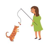 Girl playing with a cat. A game with a pet. The friendship of man and dog. Vector editable illustration