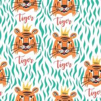 Seamless Tiger Face Pattern with Crown Waves vector