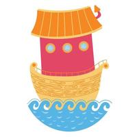 Vertical wooden ark. Boat ship with a house roof. Vector editable illustration