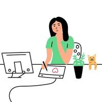 chica diseñadora en el trabajo. el artista dibuja un gato sentado frente a una tableta gráfica y una computadora en un ambiente hogareño. trabajo remoto independiente. ilustración vectorial editable