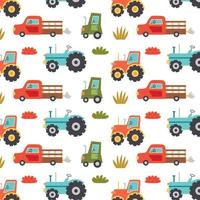 seamless, patrón, de, granja, tractores, máquinas vector
