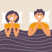 Husband and wife got the flu. Sick at home lie in bed. Virus infection. Allergy vector