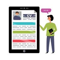 currículum digital en candidatos a empleo. la entrevista es realizada por un gerente de recursos humanos en línea. ilustración vectorial editable vector