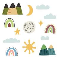Set natural elements moon sun stars clouds mountains vector