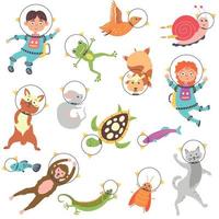 Set of cute animals astronauts and children in space vector