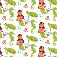 Sea children pattern mermaid turtle seahorse vector