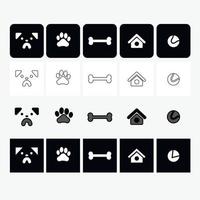 Icons dogs pug muzzle, paws, bones, small house for dogs, a ball to play with different dog icon style contour filled rounded square two tone black shades vector