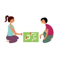 Children girl and boy play a board game. Children activity game. Vector editable illustration