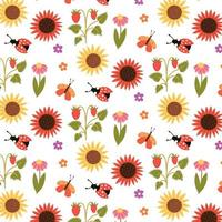 Seamless pattern sunflowers strawberries flowers insects