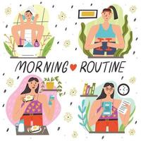 Morning routine Washing exercising Breakfast planning vector