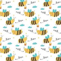 Sweet pattern flying bees are buzzing among the clouds vector