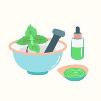 Mortar with a pusher preparation of essential oil from mint. Cosmetic procedure vector