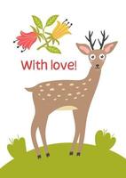 Deer standing on a green lawn. Vector greeting card