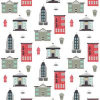 Pattern with skyscraper, apartment building, fire hydrant, manhole vector