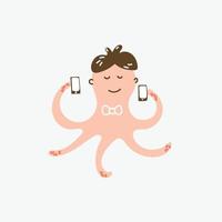 Funny cute character pink octopus talking on several phones vector