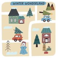 mapa de tarjetas navideñas con casas de invierno vector