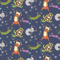 Seamless pattern with animals astronauts rat turtle lizard fish vector