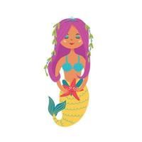 Cute mermaid holding a starfish in her hands vector
