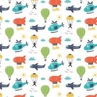 Pattern with air transport dirigible, helicopter, plane, parachutist vector