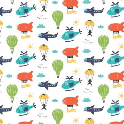 Pattern with air transport dirigible, helicopter, plane, parachutist