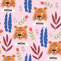 Seamless Tiger Face Pattern with Leaves and Flowers vector