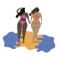 Lesbians of different nationalities rest and walk on the sea, holding hands. LGBT. Inspire to travel vector