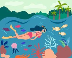 Girl snorkeling in a big barrier reef. Swims in the underwater mask and watches the fish and corals. Sea underwater panorama. Summer flat landscape vector