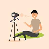 The girl writes a video blog on a SLR camera. Modern blogger vector