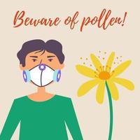 A guy in a protective mask suffers from allergies. Allergy to pollen of flowers vector