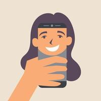 cara selfie femenina en el teléfono inteligente. fotógrafo vector