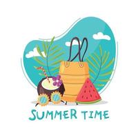 Summer composition beach bag watermelon coconut glasses vector