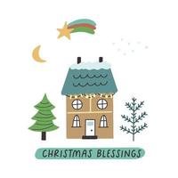 tarjeta de navidad casa de invierno con estrellas y arboles de navidad vector