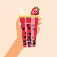 Bubble tea with tapioca and strawberries. Milk smoothie. Cocktail with a straw vector