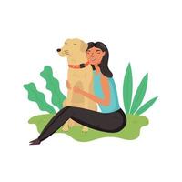 niña abraza a perro golden retriever vector