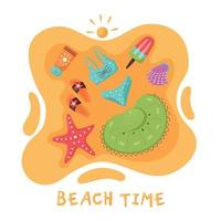 Summer composition on the sand hat swimsuit flip flops vector