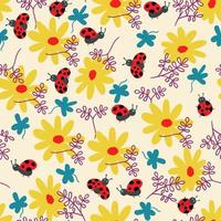 Summer pattern flowers and ladybug vector