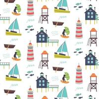 Pattern with the sea, lighthouse, pier, ship vector