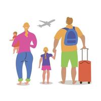 un matrimonio con hijos de diferentes nacionalidades se va de vacaciones a pilotar un avión. llegó al aeropuerto con equipaje. inspirar a viajar vector