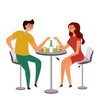 una chica y un chico bebiendo cerveza. una pareja reunida en una mesa común bebiendo y divirtiéndose. cita romántica en el bar. mesa de bar y sillas. bebida alcohólica vector