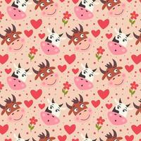 Pattern cute face of cow bull with flower and heart vector