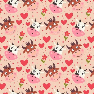 Pattern cute face of cow bull with flower and heart