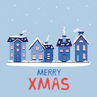 Christmas snowy houses with chimneys merry xmas. New year greeting card. Vector illustration in blue shades