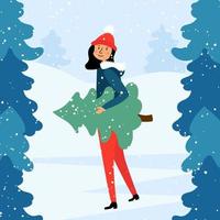 The girl at the fair bought a Christmas tree. Bazaar Christmas sale. Snow Forest vector